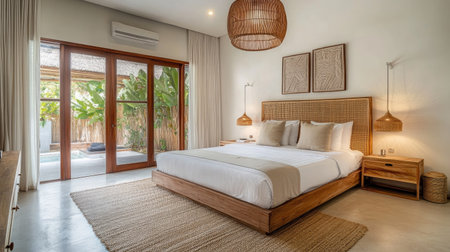 A serene bedroom with a rattan headboard, neutral bedding, and soft lighting. A stylish rattan pendant light adds a natural touch to the designの素材