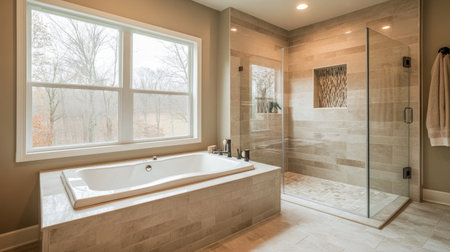 A serene bathroom with a luxurious bathtub positioned near a large window and a sleek, glass-enclosed shower. Neutral tones and soft textures add comfortの素材
