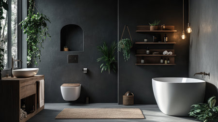 A serene bathroom with gray walls, warm wooden shelving, a sleek toilet, and a soaking bathtub. Subtle lighting creates a cozy ambianceの素材
