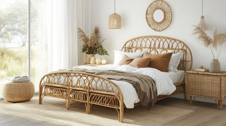 A Scandinavian-inspired bedroom with rattan furniture, minimalist decor, and soft textiles. Natural tones create a cozy and elegant atmosphereの素材