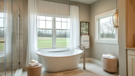 A serene bathroom with a luxurious bathtub positioned near a large window and a sleek, glass-enclosed shower. Neutral tones and soft textures add comfortの素材