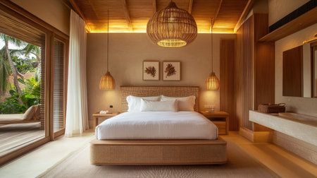 A serene bedroom with a rattan headboard, neutral bedding, and soft lighting. A stylish rattan pendant light adds a natural touch to the designの素材