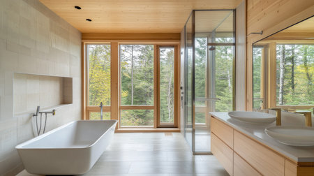 A Scandinavian-inspired bathroom with clean lines, a glass shower, and a modern bathtub by a large window. Light wooden accents add warmth to the spaceの素材
