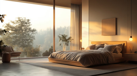 A modern hotel room with a minimalist design, a comfortable bed, and floor-to-ceiling windows. Neutral colors and warm lighting create a relaxing atmosphereの素材