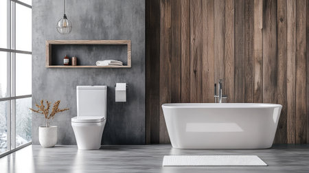 A modern gray bathroom with a wood-paneled accent wall, a minimalistic toilet, and a luxurious bathtub. Warm tones enhance the contemporary designの素材