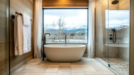 A modern spa-like bathroom with a glass shower, a freestanding tub by a large window, and light stone tiles. The minimalist design emphasizes tranquilityの素材