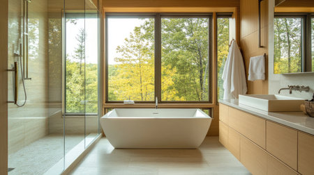 A Scandinavian-inspired bathroom with clean lines, a glass shower, and a modern bathtub by a large window. Light wooden accents add warmth to the spaceの素材