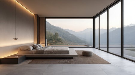 A modern hotel room with a minimalist design, a comfortable bed, and floor-to-ceiling windows. Neutral colors and warm lighting create a relaxing atmosphereの素材