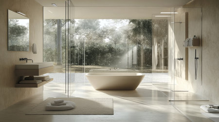A serene bathroom with a luxurious bathtub positioned near a large window and a sleek, glass-enclosed shower. Neutral tones and soft textures add comfortの素材