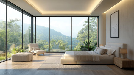 A modern hotel room with a sleek design, neutral furniture, and floor-to-ceiling windows. The comfortable bed is complemented by stylish decorの素材