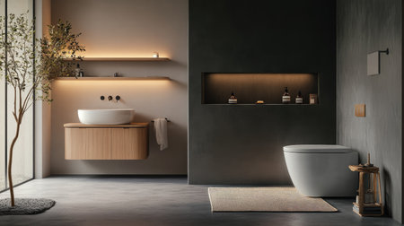 A serene bathroom with gray walls, warm wooden shelving, a sleek toilet, and a soaking bathtub. Subtle lighting creates a cozy ambianceの素材
