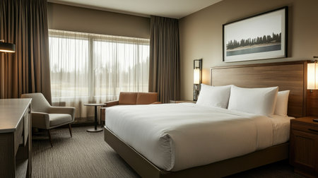 A serene hotel room with a neutral color palette, soft lighting, and a plush bed. Elegant furniture and decor complete the cozy atmosphereの素材