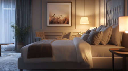A serene hotel room with a neutral color palette, soft lighting, and a plush bed. Elegant furniture and decor complete the cozy atmosphereの素材