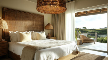 A serene bedroom with a rattan headboard, neutral bedding, and soft lighting. A stylish rattan pendant light adds a natural touch to the designの素材