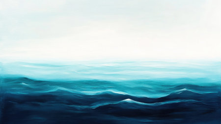 Abstract ocean gradient blending light aqua to dark cobalt, with soft waves and distant horizon.の素材