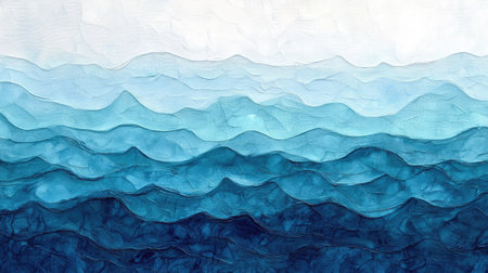 Horizontal view of a blue sea gradient shifting from navy blue to pale turquoise, with rippling textures.の素材