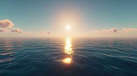 Calm sea with a gradient of sapphire blue to teal, reflecting golden sunlight near the edges.の素材