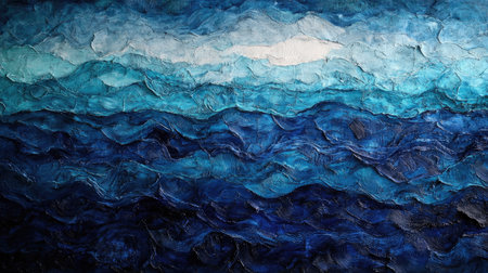 Horizontal view of a blue sea gradient shifting from navy blue to pale turquoise, with rippling textures.の素材