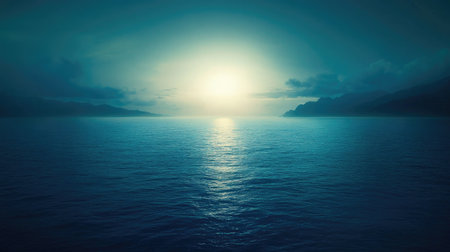 Deep blue sea gradient with glowing sunlight refracting in the water, fading to lighter hues.の素材