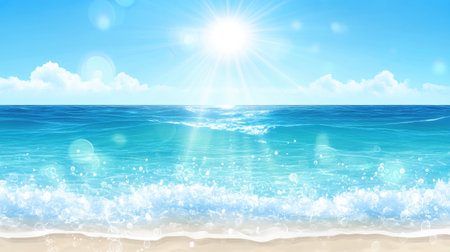 Tranquil blue sea gradient background fading into white near the horizon, reflecting sunlight.の素材