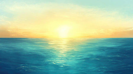 Calm sea with a gradient of sapphire blue to teal, reflecting golden sunlight near the edges.の素材