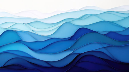 Abstract ocean gradient blending light aqua to dark cobalt, with soft waves and distant horizon.の素材