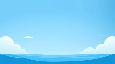 Minimalistic blue sea gradient background fading into a bright sky, with faint clouds on the horizon.の素材