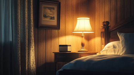 A cozy bedroom with a warm-glowing lamp on a wooden bedside table, next to a neatly made bed with white linens.の素材