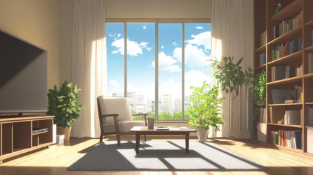 A bright living room with clean, minimal decor, including a single cozy chair, a coffee table, and a soft gray rug.の素材