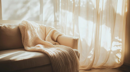 A bright, minimal living room with a cozy sofa, a soft throw blanket, and a neutral color palette. Sunlight streams through sheer curtains.の素材