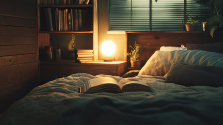 A cozy reading nook in a bedroom with a glowing lamp on a bedside table and a neatly arranged bedspread.の素材