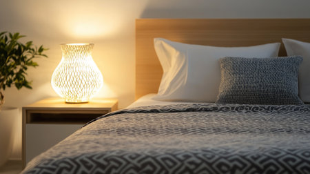 A bedside lamp glowing softly beside a neat, monochrome bedspread, creating a peaceful nighttime mood.の素材