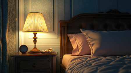 Elegant bedroom featuring a warm-glowing lamp on a wooden nightstand, next to a neatly arranged bed with soft pastel linens.の素材