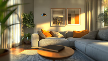 A modern living room with minimal furniture, soft cushions on a gray sofa, and a warm, inviting ambiance.の素材