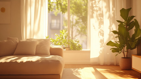 A bright living room with minimal decor, a simple beige couch, and warm, natural light pouring through large windows.の素材