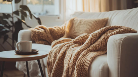 A cozy minimalist living room with a white sofa, a small coffee table, and a warm knit blanket draped casually.の素材