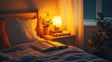 A cozy reading nook in a bedroom with a glowing lamp on a bedside table and a neatly arranged bedspread.の素材