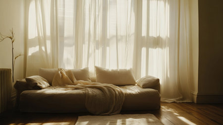 A bright, minimal living room with a cozy sofa, a soft throw blanket, and a neutral color palette. Sunlight streams through sheer curtains.の素材