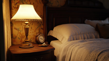 A cozy bedroom with a warm-glowing lamp on a wooden bedside table, next to a neatly made bed with white linens.の素材