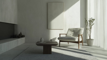 A bright living room with clean, minimal decor, including a single cozy chair, a coffee table, and a soft gray rug.の素材