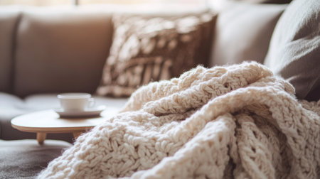 A cozy minimalist living room with a white sofa, a small coffee table, and a warm knit blanket draped casually.の素材