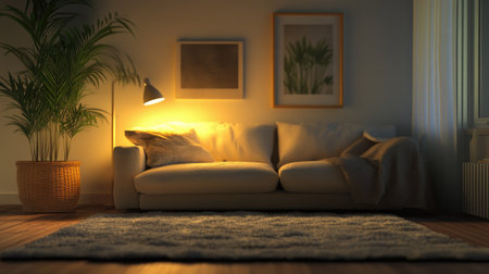 A cozy living room with minimalistic furniture, a plush area rug, and a single green plant for a touch of nature.の素材