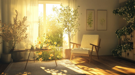 A cozy living room with clean, minimal design, a single armchair, a simple coffee table, and soft light filtering through.の素材