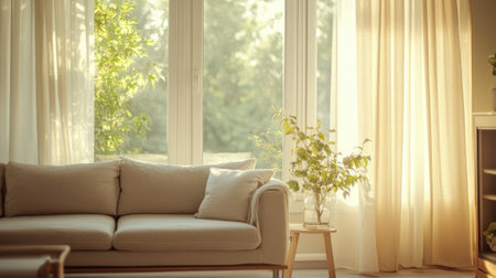 A bright living room with minimal decor, a simple beige couch, and warm, natural light pouring through large windows.の素材