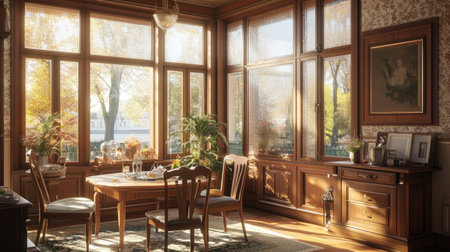 A cozy dining area with elegant brown-toned window panes, a wooden table, and matching chairs bathed in warm sunlight.の素材