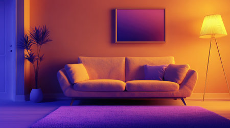 A cozy living room with a minimalist vibe, featuring a plush sofa, a soft rug, and a floor lamp for ambient lighting.の素材