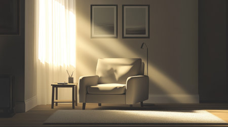 A cozy living room with clean, minimal design, a single armchair, a simple coffee table, and soft light filtering through.の素材