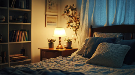 A cozy reading nook in a bedroom with a glowing lamp on a bedside table and a neatly arranged bedspread.の素材