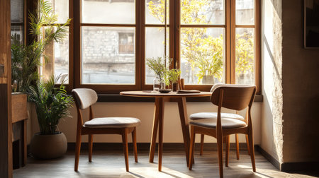 A modern dining corner with brown-tinted window panes, a small wooden table, and cushioned chairs in earthy tones.の素材