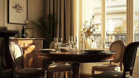 A dining setup with a polished brown table, elegant chairs, and a window pane framed in warm brown hues reflecting soft daylight.の素材